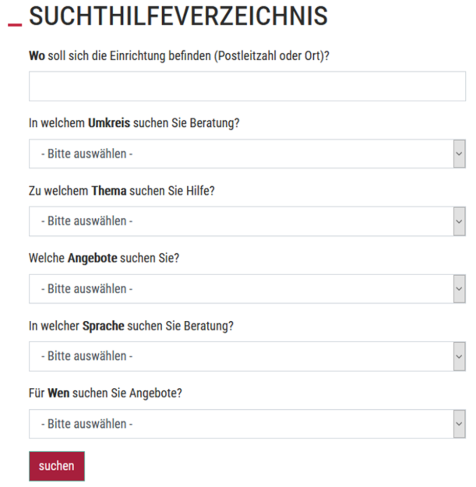 Formular Sucht-Hilfe-Verzeichnis